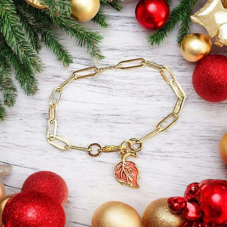 Autumn Leaf Gold Paperclip Chain Bracelet - - LadybugfeetDesigns -