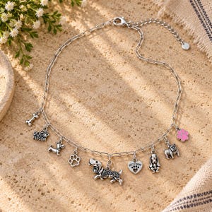May include: A silver-toned chain necklace featuring multiple dangling charms including a bone, a dog, a heart with the text BEST FRIEND, a paw print, and a rectangular tag with the text DOG PERSON. One charm is a pink enamel paw print.