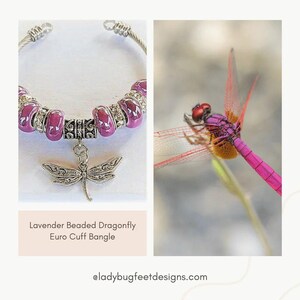 Lavender Beaded Dragonfly Euro Cuff Bangle, European Charm Bracelet - - LadybugfeetDesigns -
