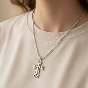 Two Tone Fancy Cross Necklace, Sterling Silver- 24 inches - - LadybugfeetDesigns -
