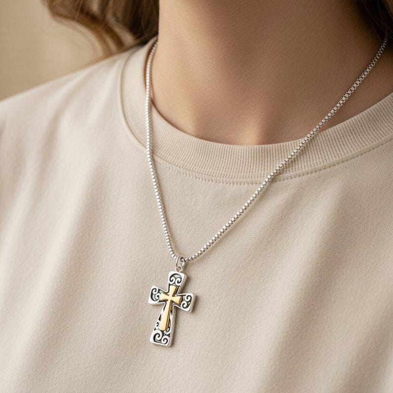 Two Tone Fancy Cross Necklace, Sterling Silver- 24 inches - - LadybugfeetDesigns -
