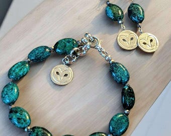 African Turquoise Jasper Owl Bracelet/Earring Set