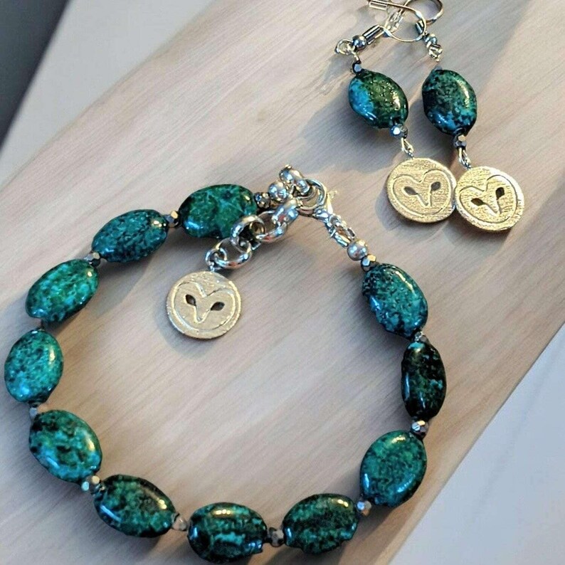 African Turquoise Jasper Owl Bracelet/Earring Set - - LadybugfeetDesigns -