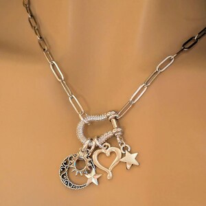 Celestial Crescent Moon and Heart Shackle Clasp Carabiner Necklace, Silver - 20 inch - - LadybugfeetDesigns -