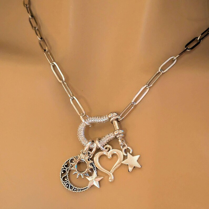 Celestial Crescent Moon and Heart Shackle Clasp Carabiner Necklace, Silver - 20 inch - - LadybugfeetDesigns -