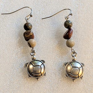 Turtle Red Creek Jasper Hook Earrings, Silver - - LadybugfeetDesigns -