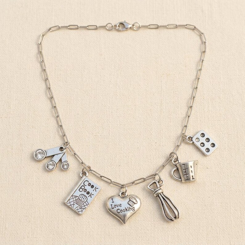 I Love Cooking Multi Charm Link Necklace, Silver - 20 inch - - LadybugfeetDesigns -