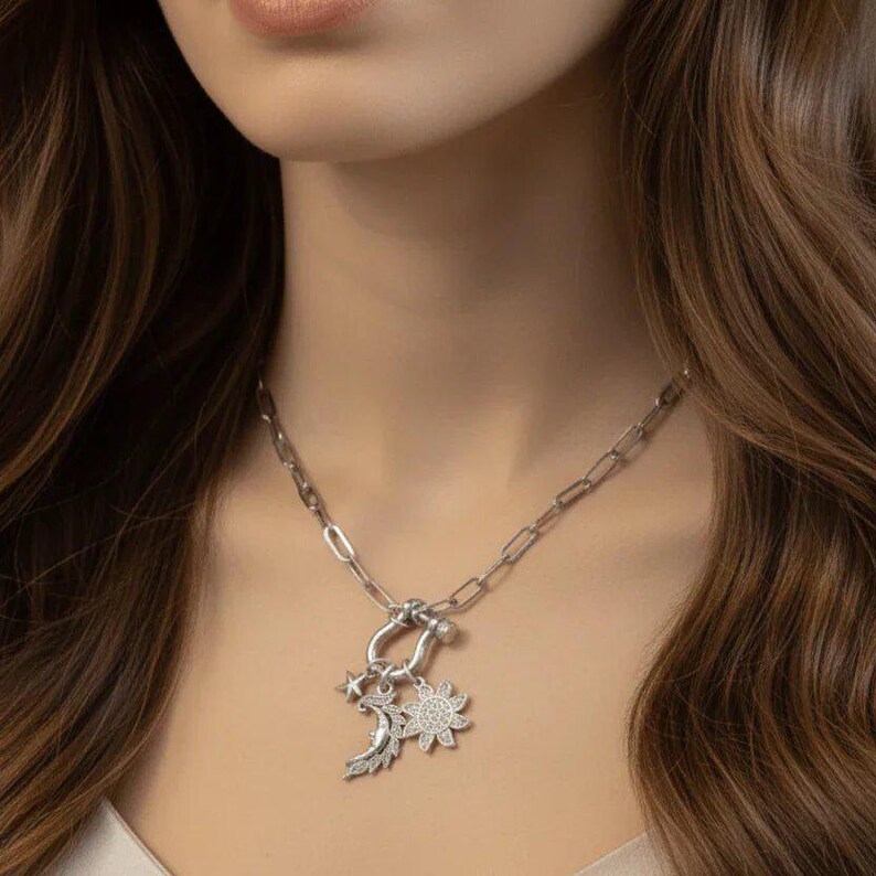 Celestial Moon Face, CZ Sun and Star Shackle Clasp Carabiner Necklace, Silver - 20 inch - - LadybugfeetDesigns -