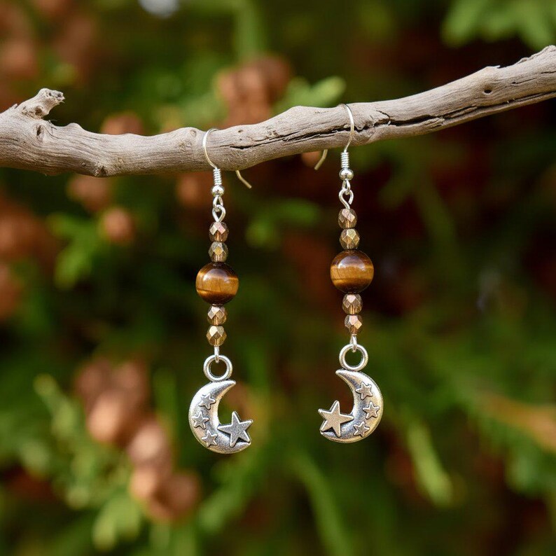 Crescent Moon Tiger's Eye Beaded Hook Earrings, Silver - - LadybugfeetDesigns -