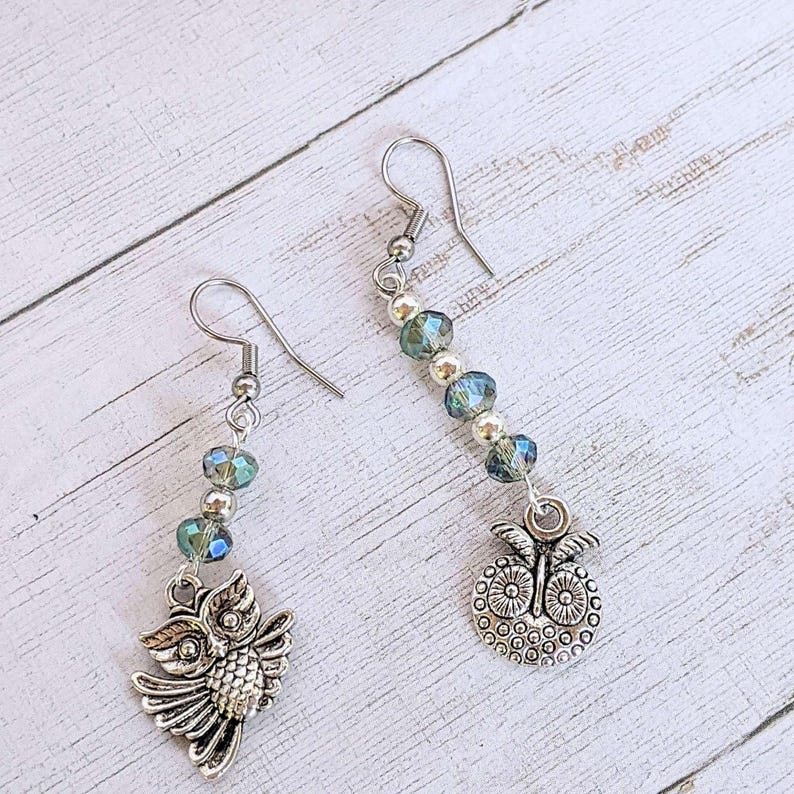 Mismatched Owl crystal hook earrings - - LadybugfeetDesigns -