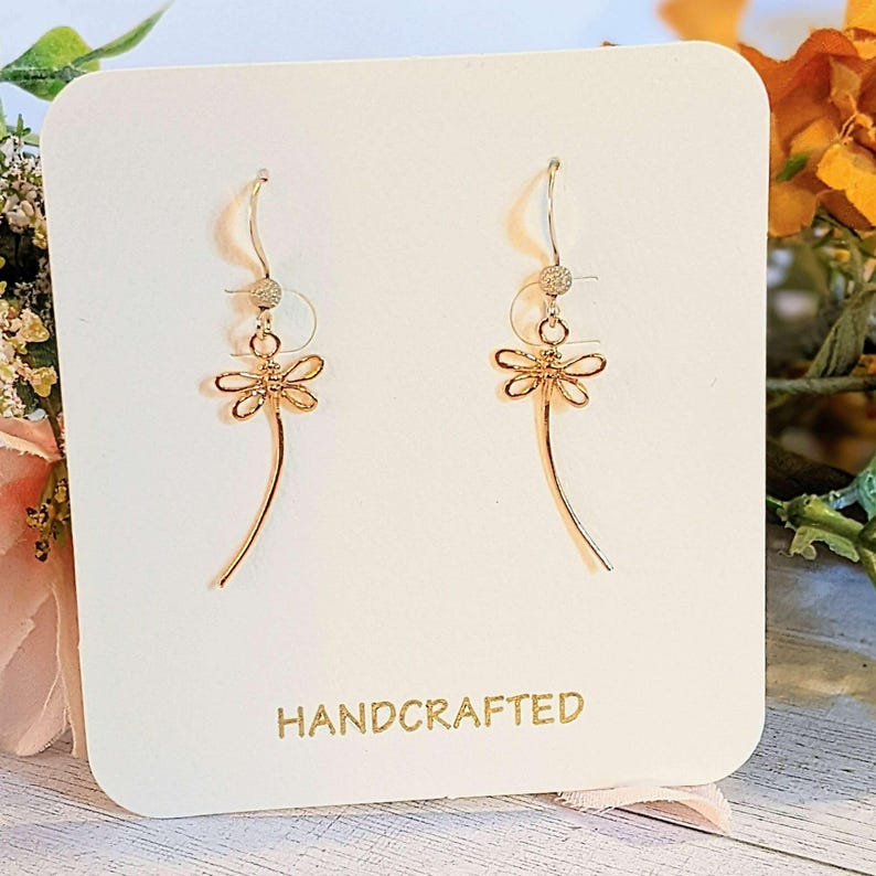 Flight of the Dragonfly dangle earrings - Gold / Sterling Silver - - LadybugfeetDesigns -