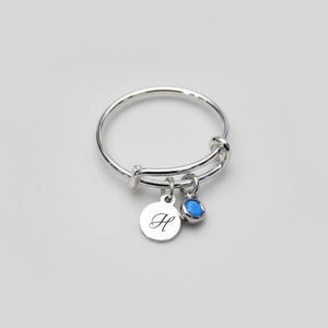 Expandable Initial & Birthstone Charm Ring,Gift for her - - LadybugfeetDesigns -