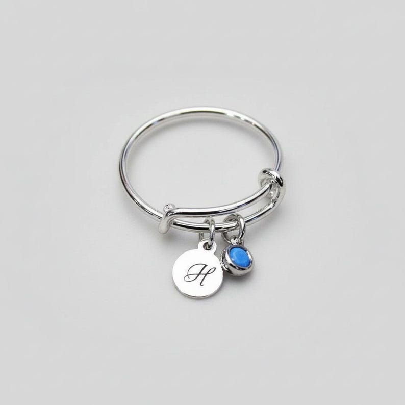 Expandable Initial & Birthstone Charm Ring,Gift for her - - LadybugfeetDesigns -