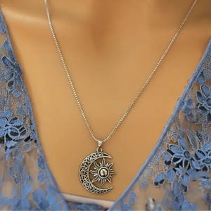 Filigree Crescent Moon Sun Necklace, Sterling Silver- 24 inches - - LadybugfeetDesigns -