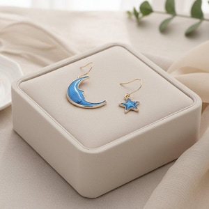 Mismatched Blue Crescent Moon and Star dangle earrings - - LadybugfeetDesigns -
