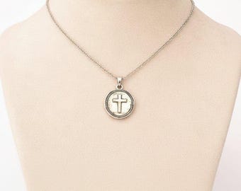 Hammered Cross Coin Necklace- Silver - 20 - 24 inch