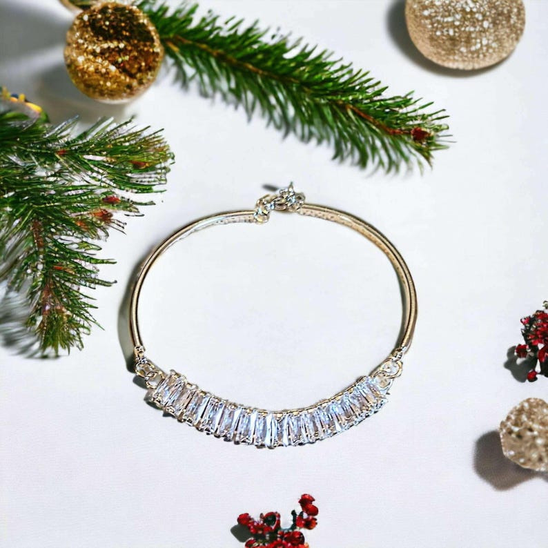 Silver CZ Baguette Bangle Bracelet, Large - - LadybugfeetDesigns -