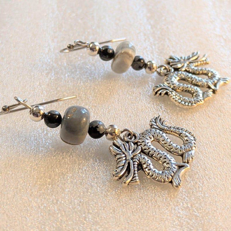 Dragon Boulder Opal Beaded Hook Earrings, Silver - - LadybugfeetDesigns -