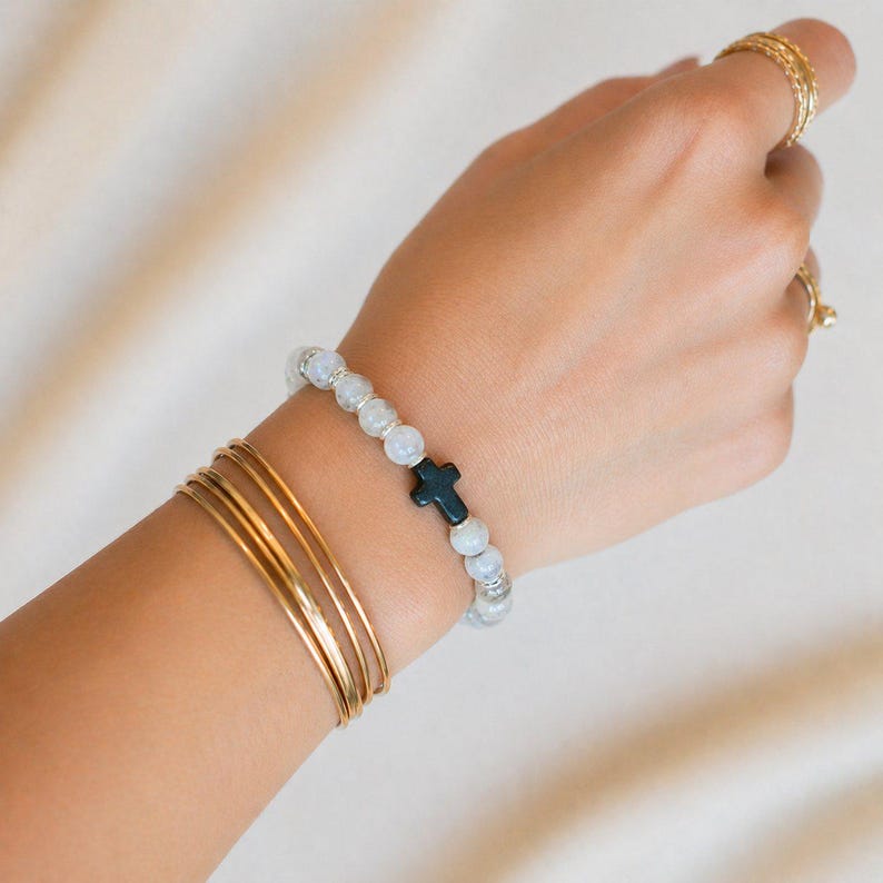 Gray Smoke Beaded Cross Stretch Bracelet-UNISEX - - LadybugfeetDesigns -