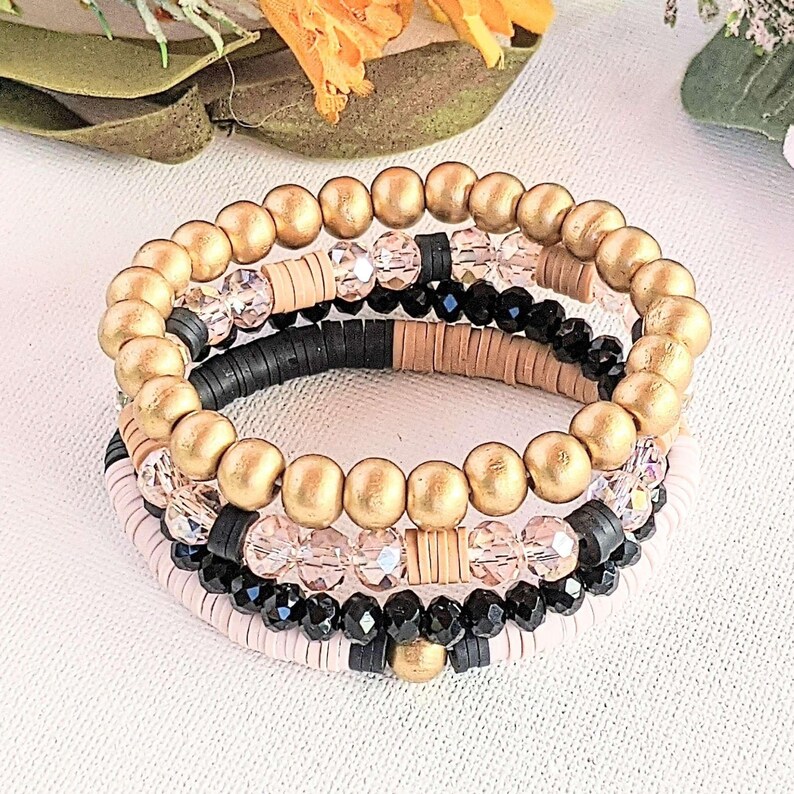 Tan & Black Stretch Bracelet Stack - - LadybugfeetDesigns -