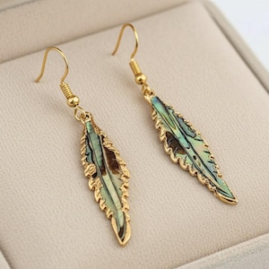 Abalone Feather dangle earrings, Gold