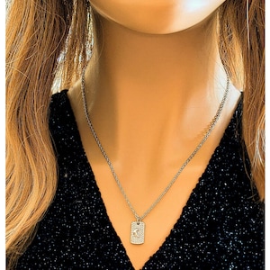 CZ Crescent Moon Tag Necklace, Silver - 20 inch - - LadybugfeetDesigns -