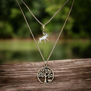 Moose & Tree of Life Necklace Set, Silver - - LadybugfeetDesigns -