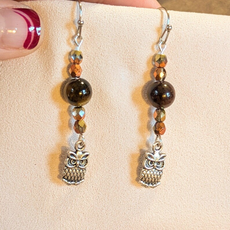 Owl Tiger's Eye Beaded Hook Earrings, Silver - - LadybugfeetDesigns -