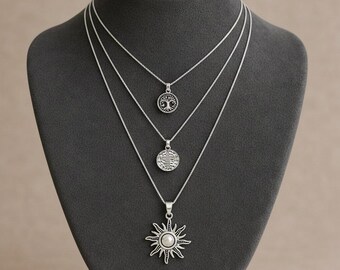 Energy, Power, Positivity Layered Necklace Set, Silver