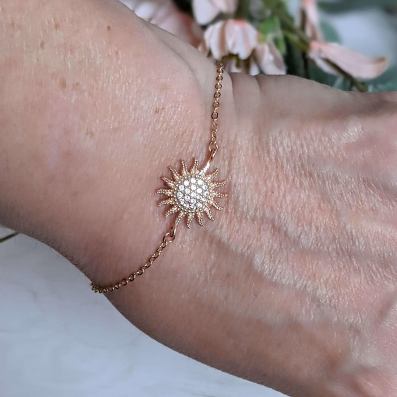 CZ Diamond Starburst Sun Rose Gold Chain Bracelet - - LadybugfeetDesigns -