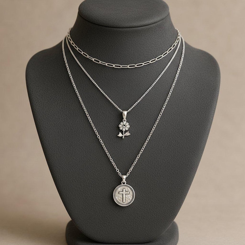 CZ Flower/Dragonfly Cross Layered Necklace Set, Silver - - LadybugfeetDesigns -