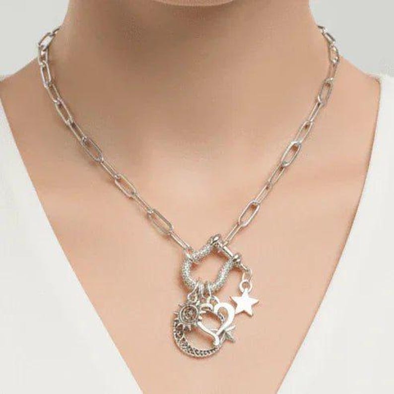 Celestial Crescent Moon and Heart Shackle Clasp Carabiner Necklace, Silver - Adjusts up to 20 inches - - LadybugfeetDesigns -