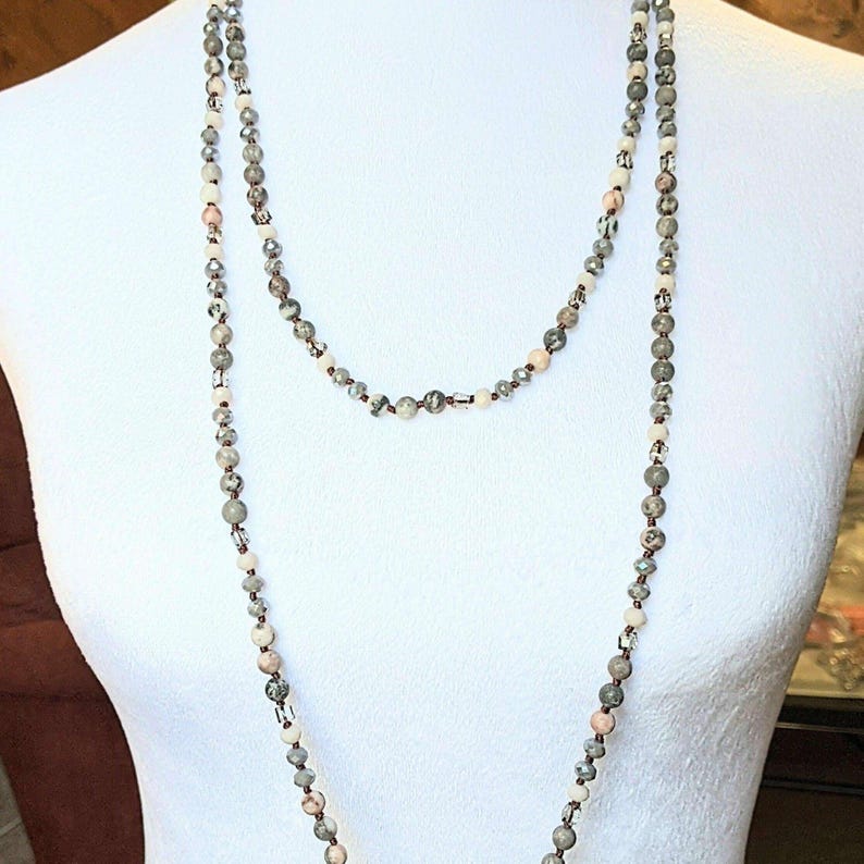 Pink Zebra Jasper Semi-Precious Gemstone Necklace - 60 inch - - LadybugfeetDesigns -