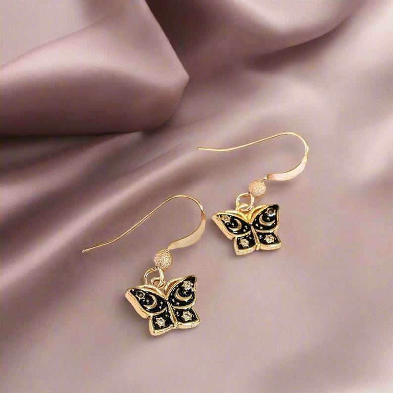 Celestial Butterfly Gold dangle earrings - - LadybugfeetDesigns -