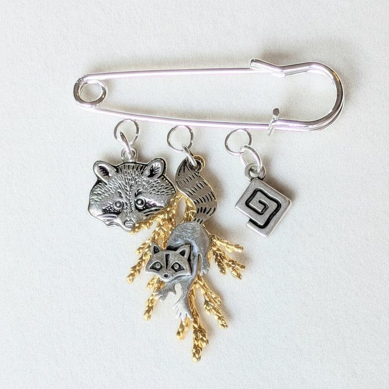 Racoon Safety Pin Brooch, Purse Charm - - LadybugfeetDesigns -