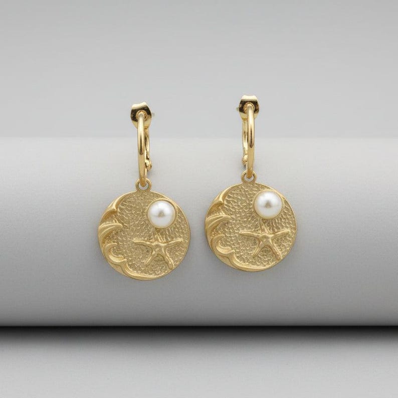 Sandy Beach Pearl hoop earrings, Gold - 16mm - - LadybugfeetDesigns -