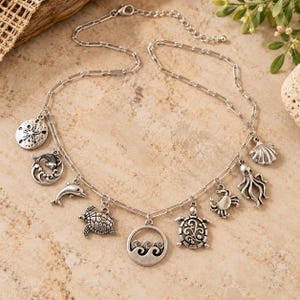 Ocean Lover II Multi Charm Link Necklace, Silver - 20 inch - - LadybugfeetDesigns -