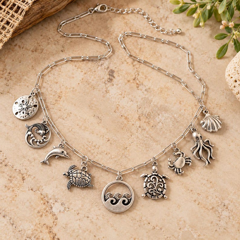 Ocean Lover II Multi Charm Link Necklace, Silver - 20 inch - - LadybugfeetDesigns -