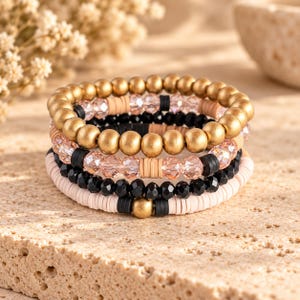 Tan & Black Stretch Bracelet Stack - - LadybugfeetDesigns -