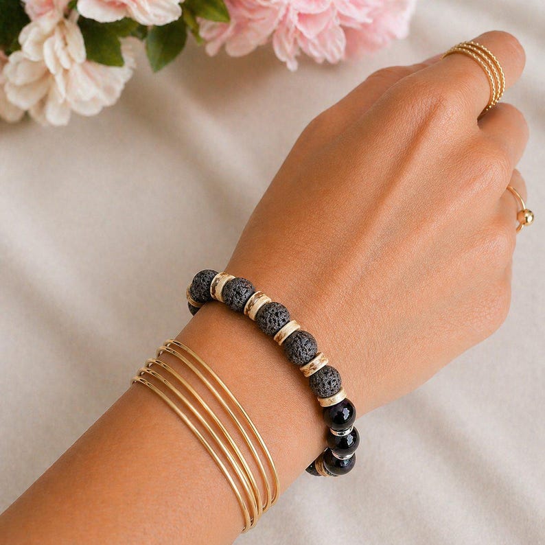 Dark Amethyst Gemstone Lava Bead Stretch bracelet-FEBRUARY Birthstone - - LadybugfeetDesigns -