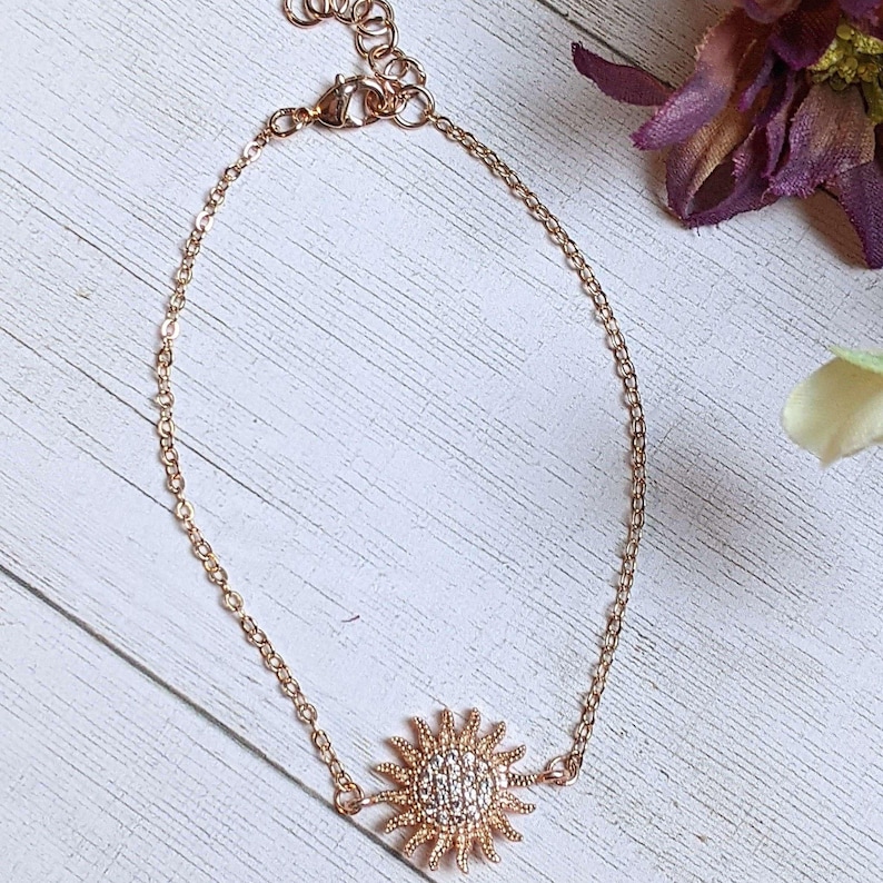 CZ Diamond Starburst Sun Rose Gold Chain Bracelet - - LadybugfeetDesigns -
