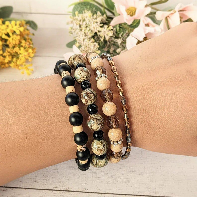 Chunky Jasper Coffee layered cuff bracelet - - LadybugfeetDesigns -