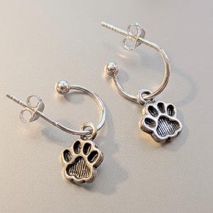 Dog/Cat Paw Mini Hoop Huggie Earrings, Silver- 12mm - - LadybugfeetDesigns -