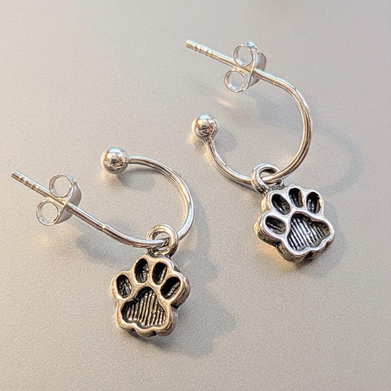 Dog/Cat Paw Mini Hoop Huggie Earrings, Silver- 12mm - - LadybugfeetDesigns -