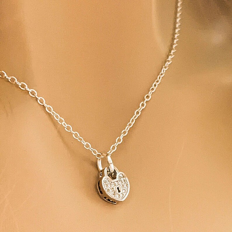 CZ Heart Charm Necklace - Sterling Silver - 18 inch - - LadybugfeetDesigns -