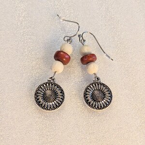 Large Sunflower Beaded Hook Earrings, Silver - - LadybugfeetDesigns -