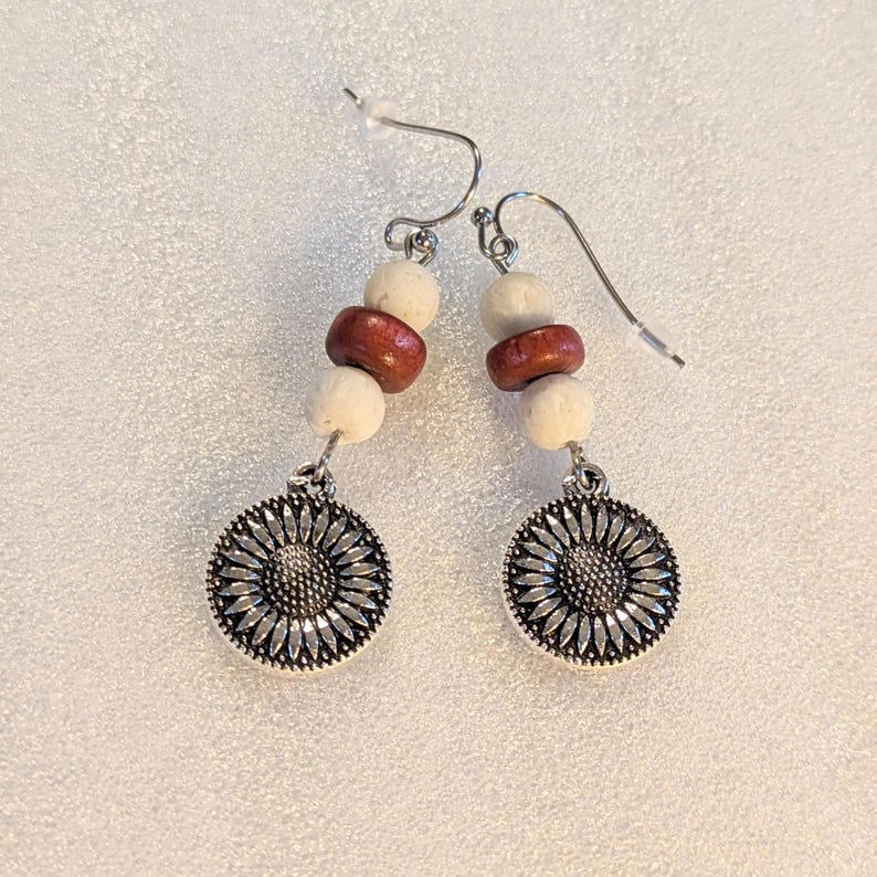 Large Sunflower Beaded Hook Earrings, Silver - - LadybugfeetDesigns -
