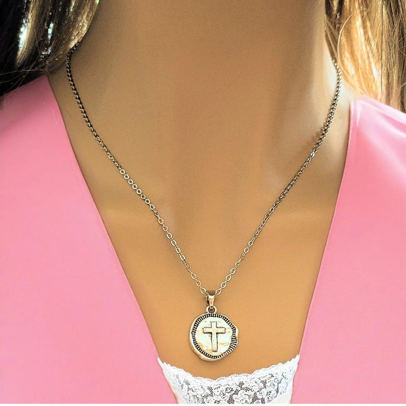 Hammered Cross Coin Necklace- Silver - 20 - 24 inch - - LadybugfeetDesigns -