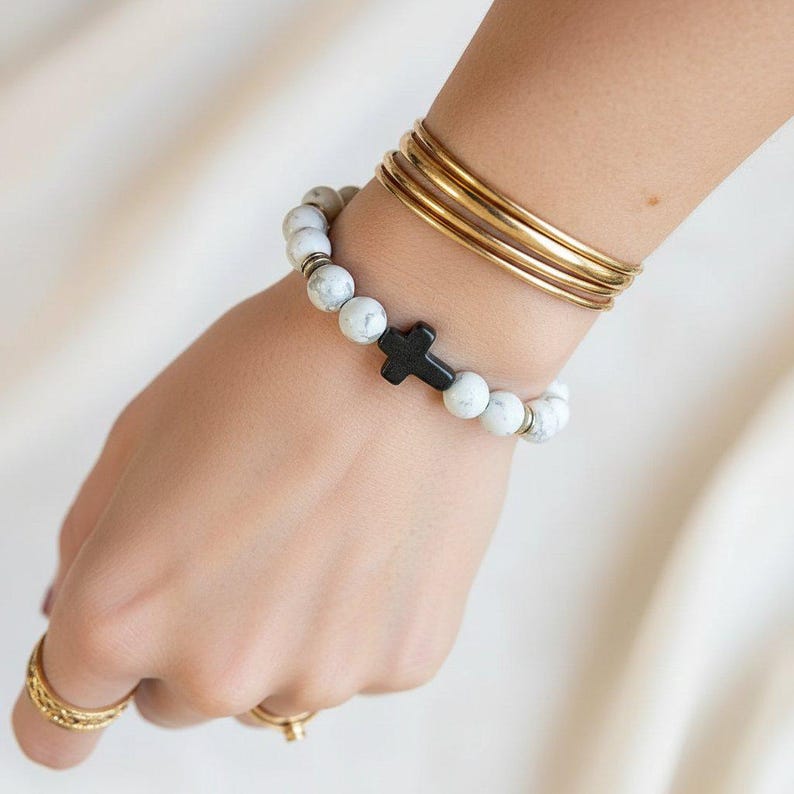 White Gray Beaded Cross Stretch Bracelet-UNISEX - - LadybugfeetDesigns -