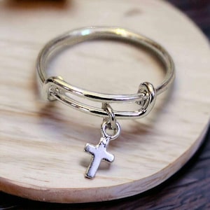 Tiny Cross Expandable Charm Ring, Silver - - LadybugfeetDesigns -